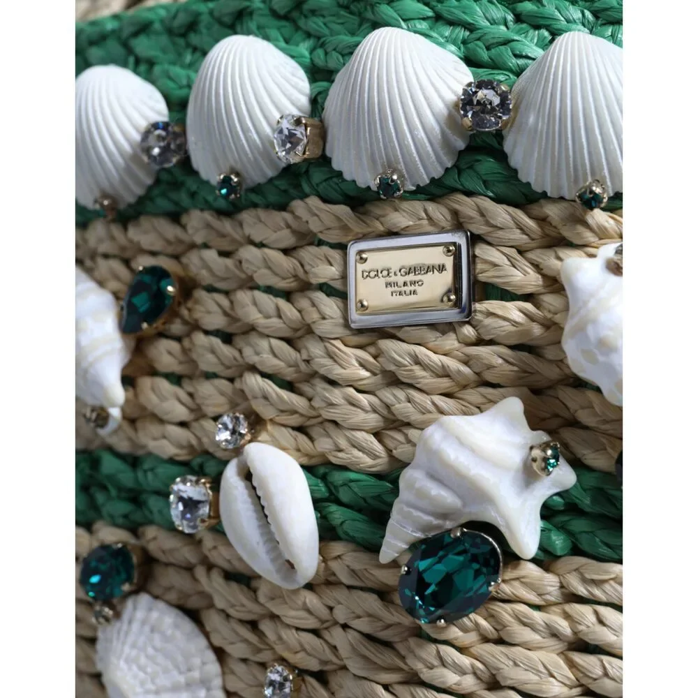 Dolce & Gabbana Beige Green Rafia Seashells Crystal Bucket Bag - Picture 5 of 8
